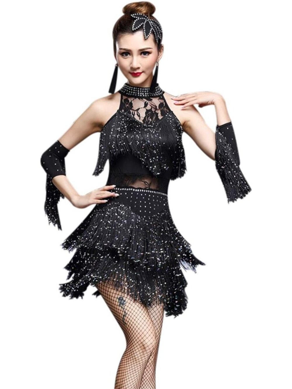 Black Fringe Latin Ballroom Dance Dress Rhinestone 4pc Competition Set Sz M-L